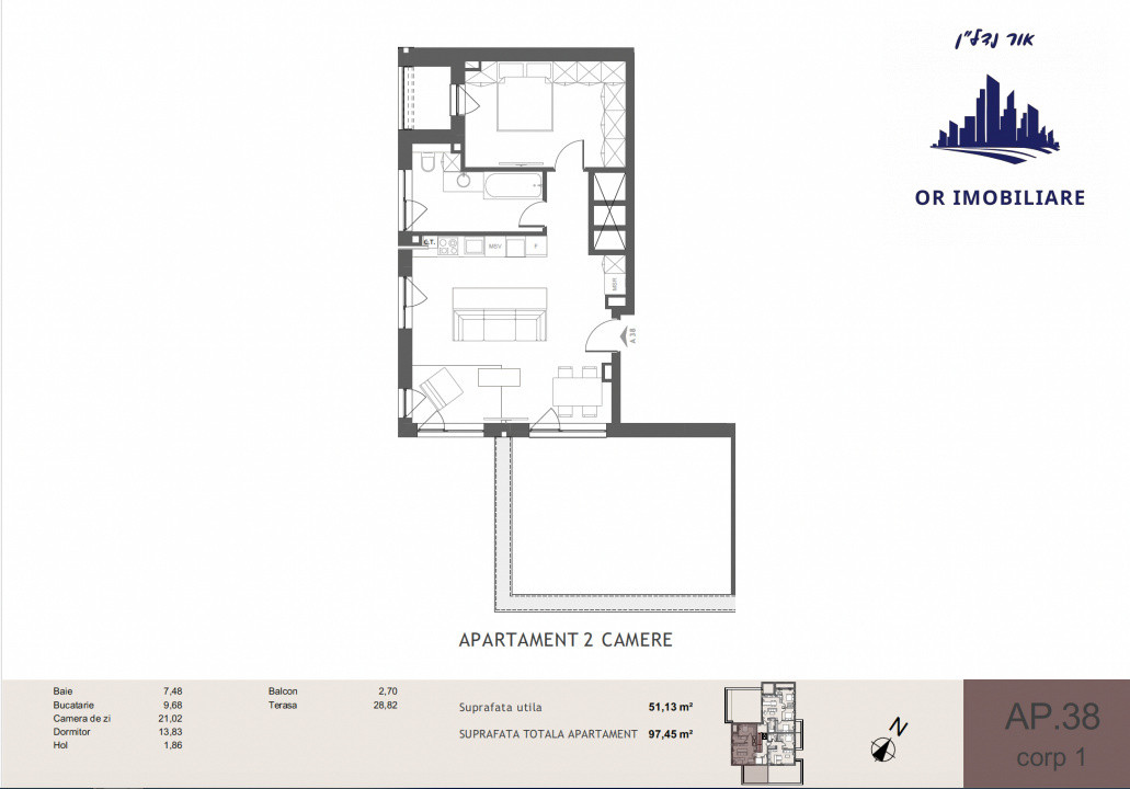 🏡 Apartament 2 camere | Etaj retras | Terasă 29 mp | Vedere panoramică