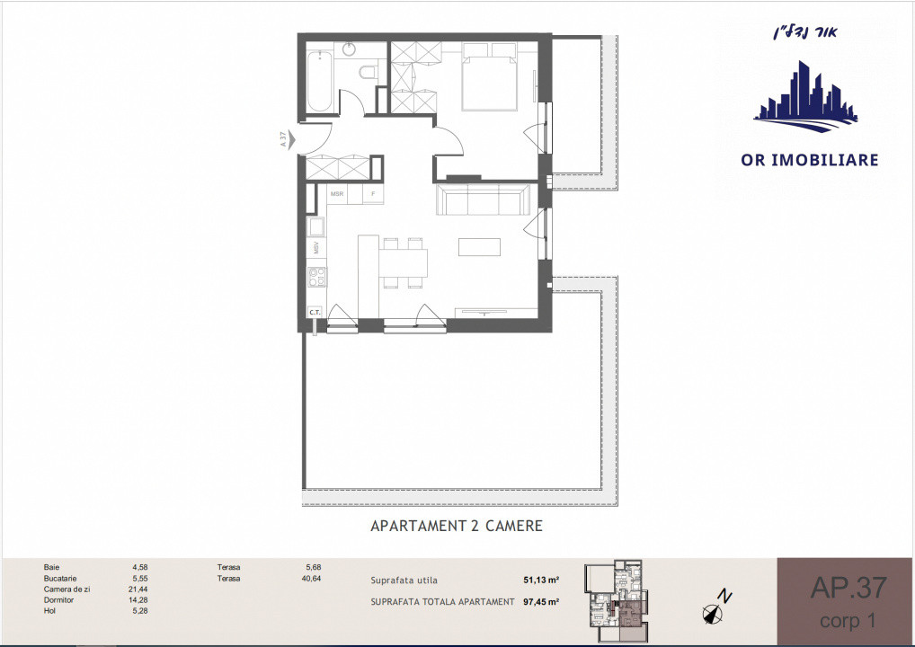 🏡 Apartament 2 camere | Etaj retras | Terasă 50 mp | Vedere panoramică